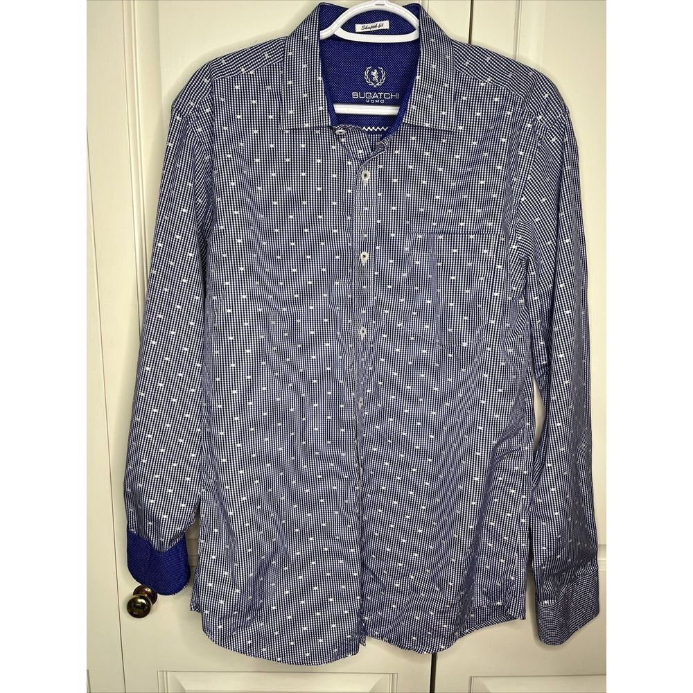 Bugatchi Uomo Check Print Shaped Fit Classic Blue Cotton Long-sleeve Shirt  Sz M